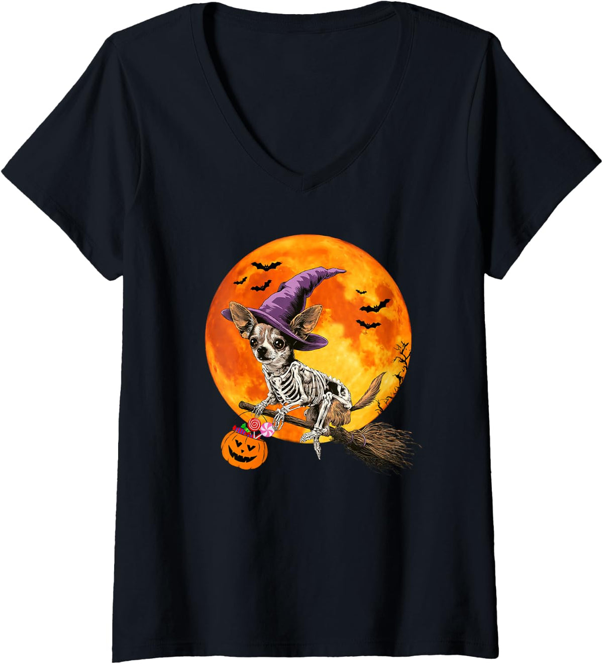 Women's Funny Witch Chihuahua Dog Spooky Fall Halloween V-Neck T-Shirt - Black