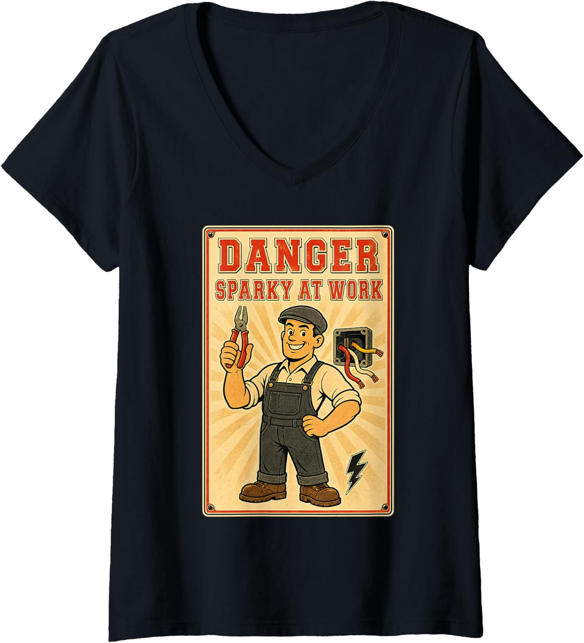 Women's Master Electrician Danger Sparky At Work Retro Sign V-Neck T-Shirt - Black