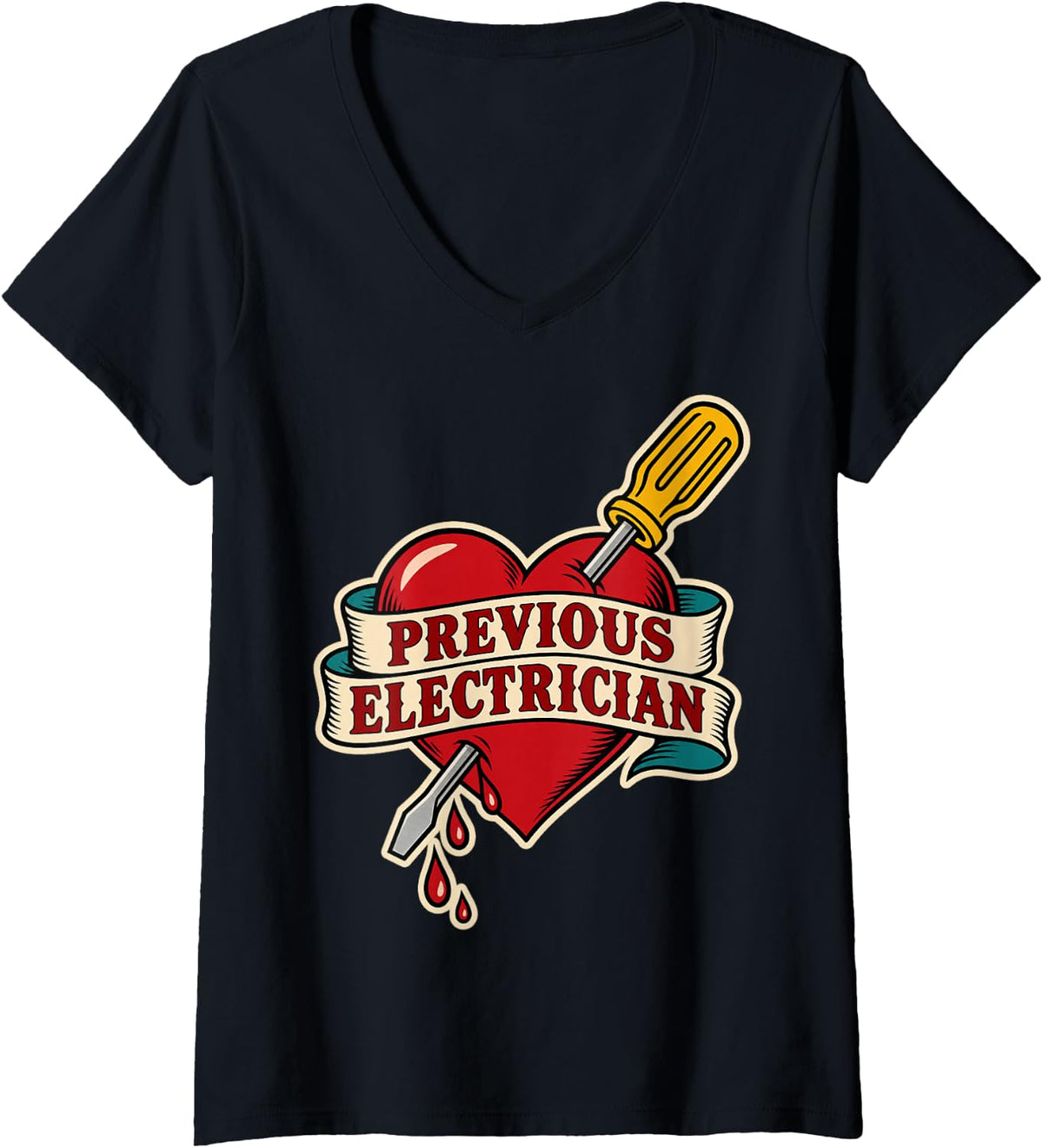 Women's Previous Electrician Funny Electrician Old School Tattoo V-Neck T-Shirt - Black