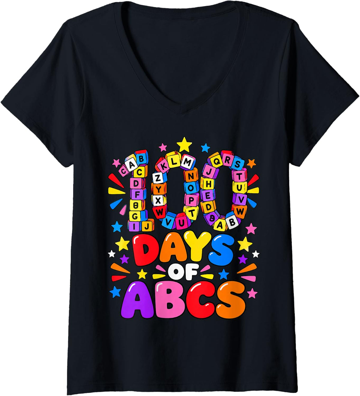 Women's 100 Days of ABCs Alphabet Kids Teacher School V-Neck T-Shirt - Black