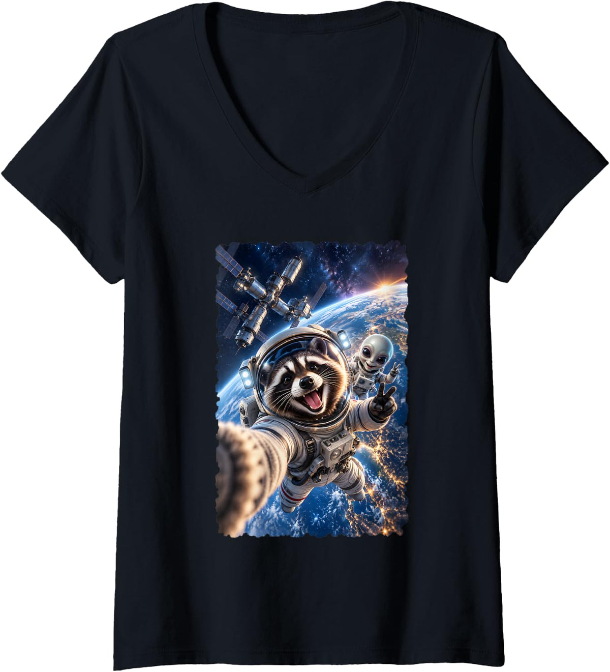 Women's Astronaut Raccoon Selfie with Alien Friend in Orbit V-Neck T-Shirt - Black