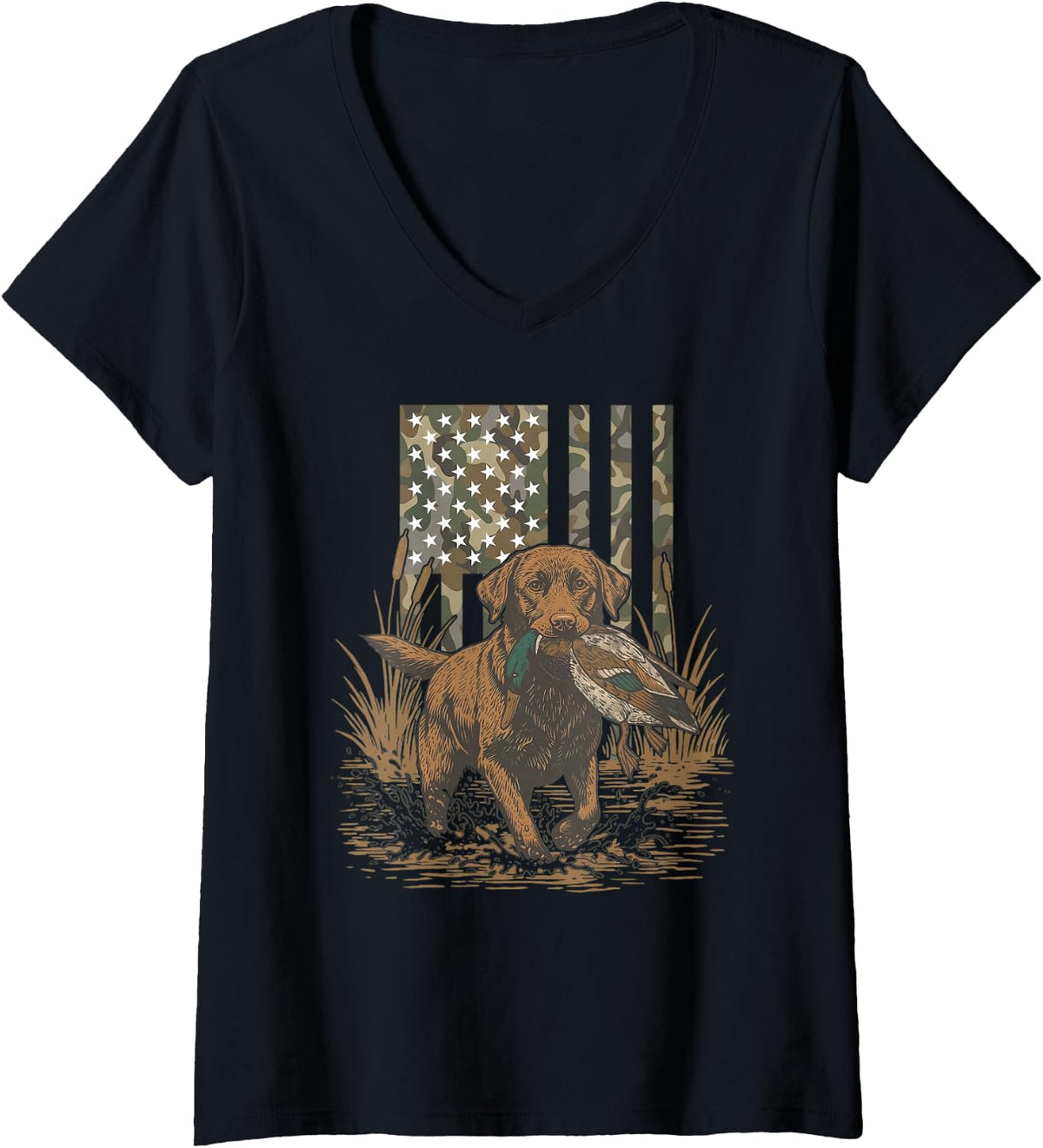 Women's Southern Duck Hunting Dog Lab Mallard Camo American Flag V-Neck T-Shirt - Black