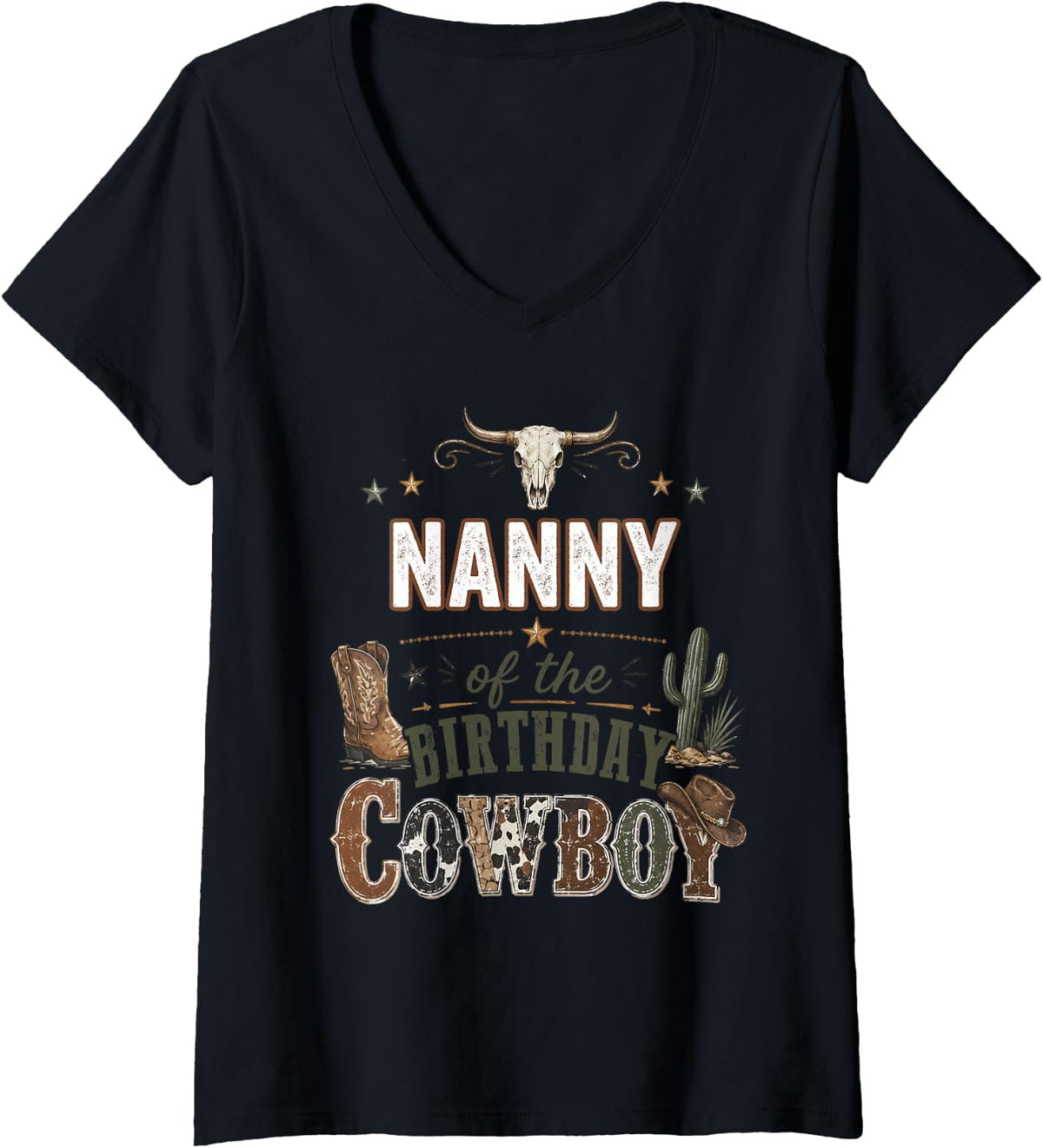 Women's Nanny of The Birthday Cowboy Vintage Christmas Xmas V-Neck T-Shirt - Black