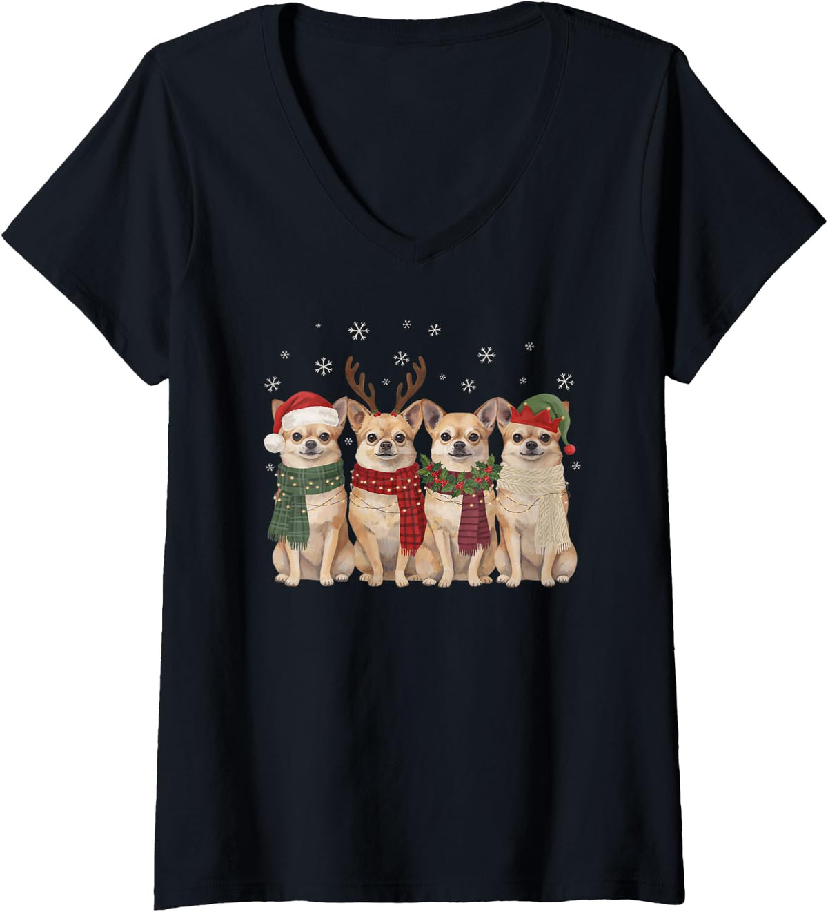 Women's Funny Chihuahua Christmas Friends Scarves Dog Mom Dad Lover V-Neck T-Shirt - Black