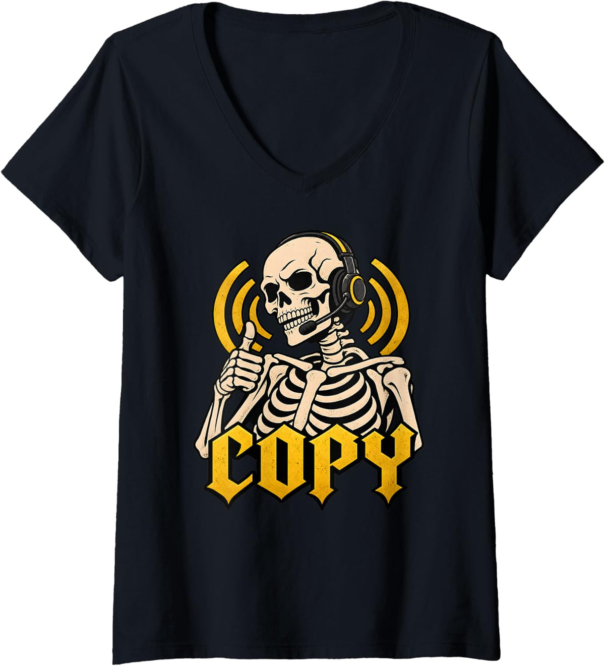 Women's 911 Dispatcher Skeleton Copy, Thin Gold Line Operator Gift V-Neck T-Shirt - Black