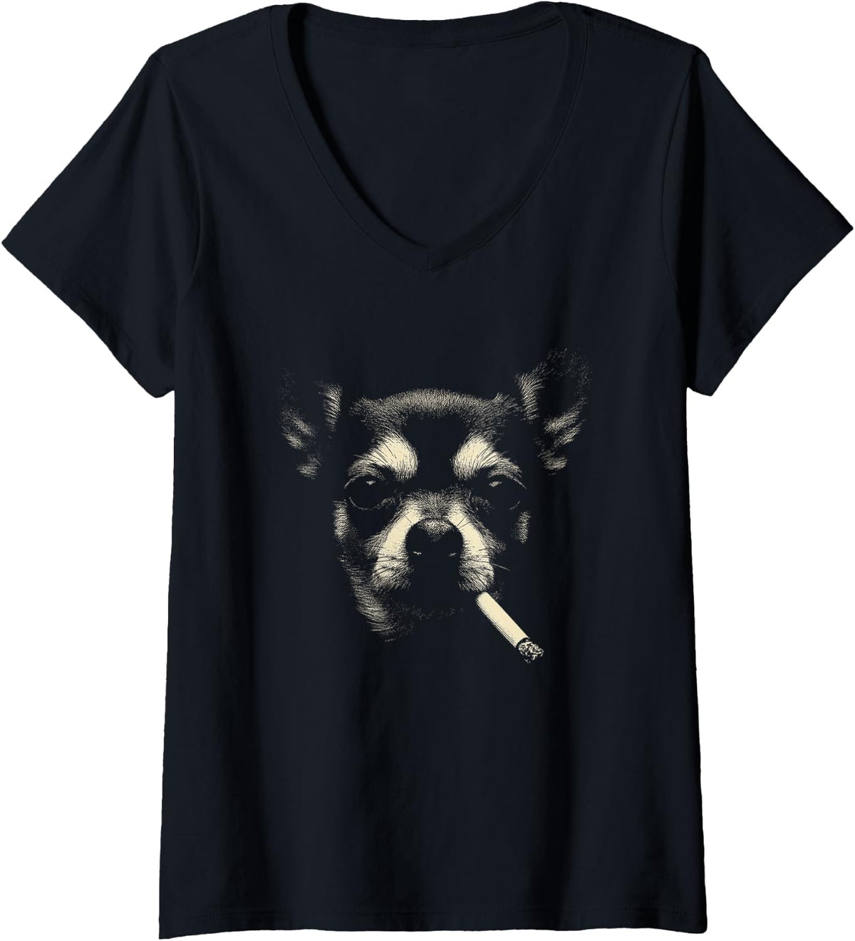Women's Chihuahua Smoking Cigarette Vintage V-Neck T-Shirt - Black