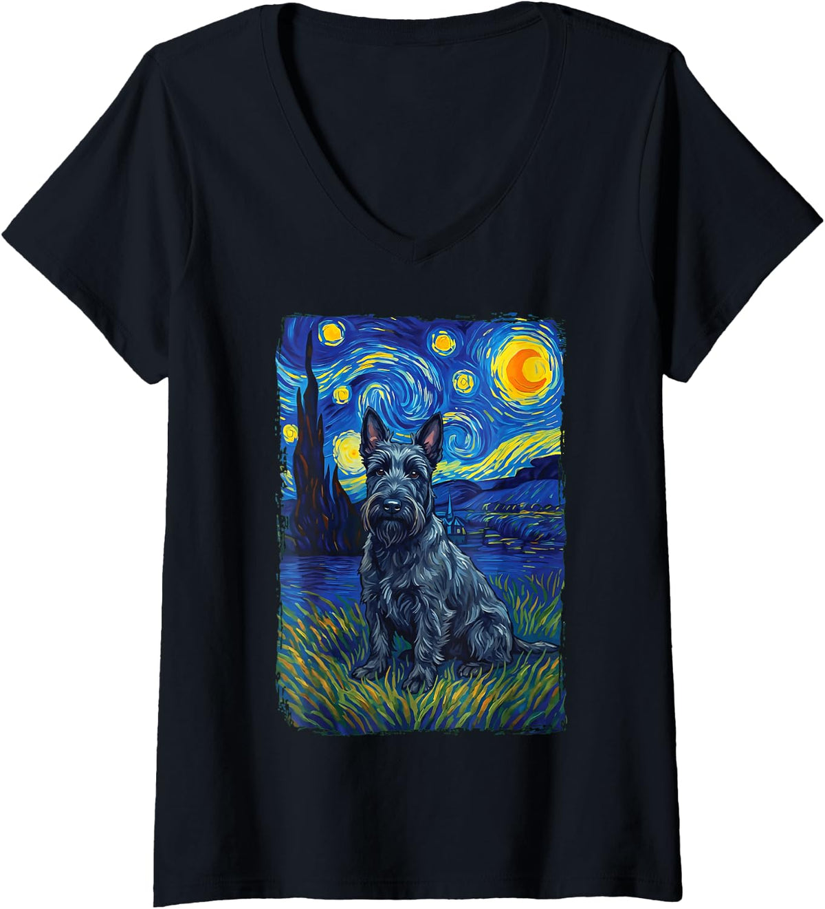 Women's Scottish Terrier Starry Night V-Neck T-Shirt - Black