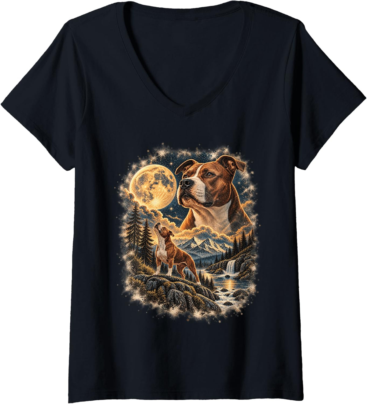Women's Funny Pitbull Howling to The Moon Vintage Pitbull Owner Gift V-Neck T-Shirt - Black
