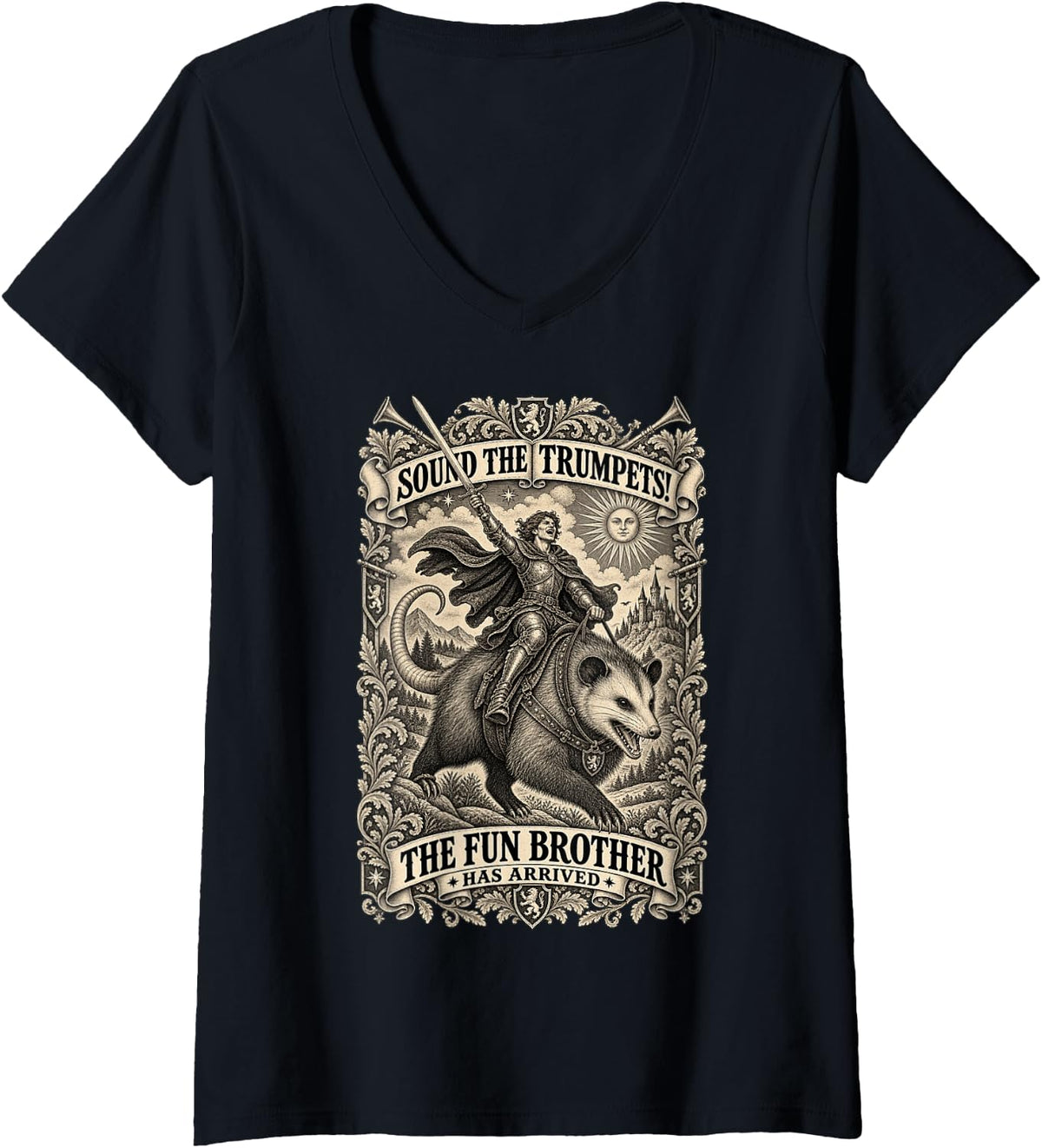 Women's Sound The Trumpets! The Fun Brother Has Arrived Adventure V-Neck T-Shirt - Black