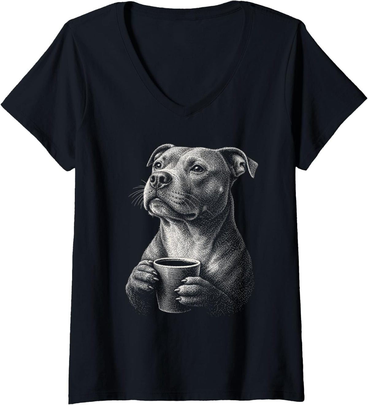 Women's Pitbull Dog Lover Funny Dog Pitbull Drinking Coffee Lover V-Neck T-Shirt - Black