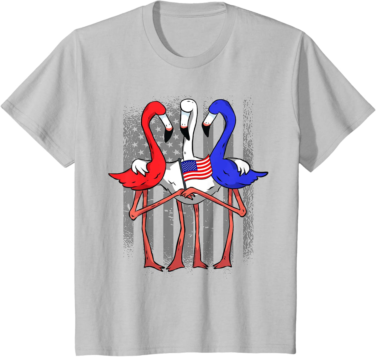 Patriotic Red White and Blue Flamingos USA Flag 4th of July T-Shirt - Silver Grey