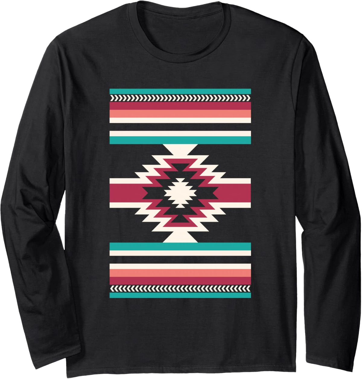 Aztec Southwest Santa Fe Native Geometric Pattern Long Sleeve T-Shirt - Adult Unisex Black