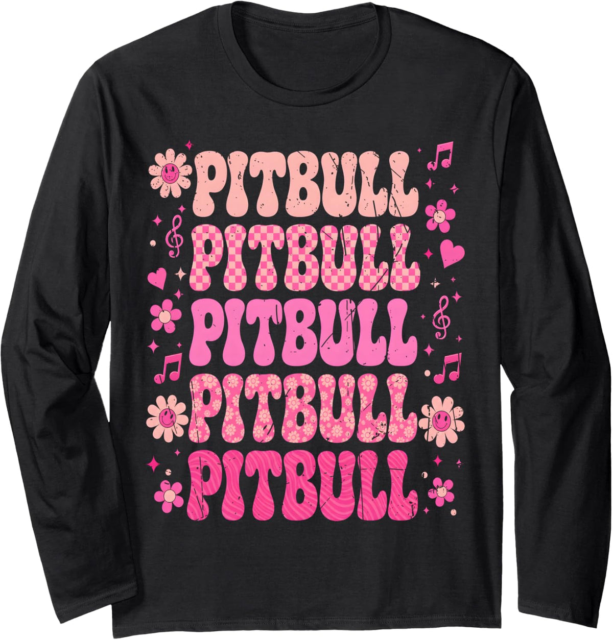 Pitbull Checkered I Love Pitbull 80's Groovy Vintage Long Sleeve T-Shirt - Adult Unisex Black