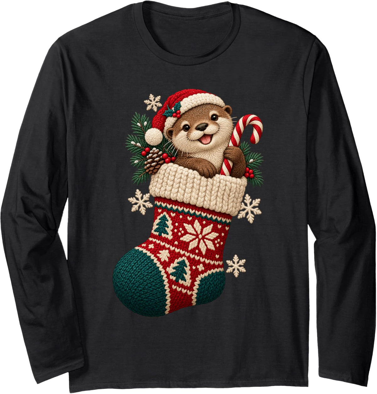 Cute Christmas Otter in Stocking Candy Cane Holiday Long Sleeve T-Shirt - Adult Unisex Black