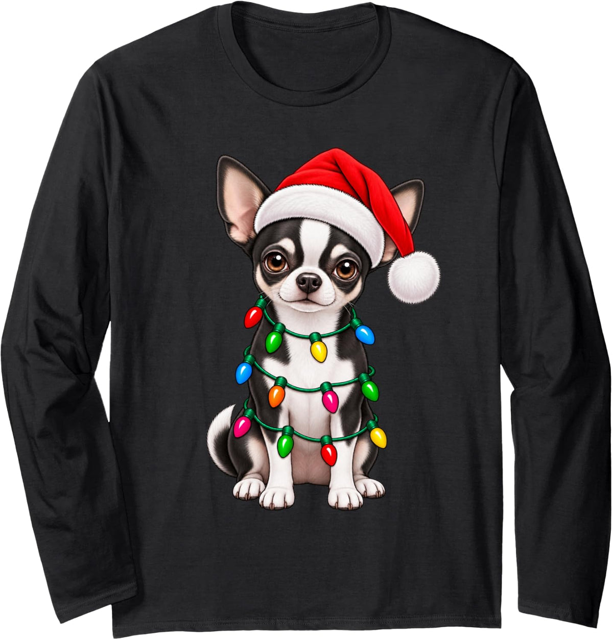 Cute Chihuahua Dog Santa Christmas Lights Dog Lover Xmas Long Sleeve T-Shirt - Adult Unisex Black