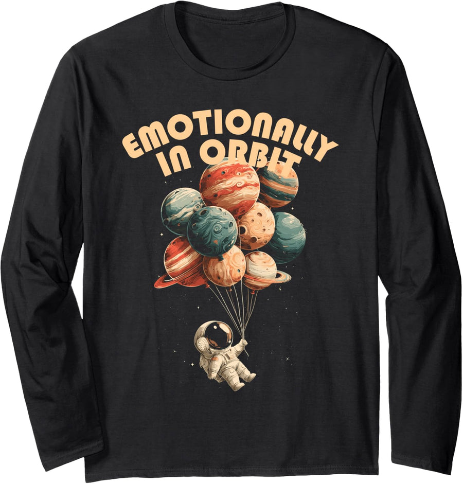 Emotionally in Orbit Cute Little Astronaut Floating in Space Long Sleeve T-Shirt - Adult Unisex Black