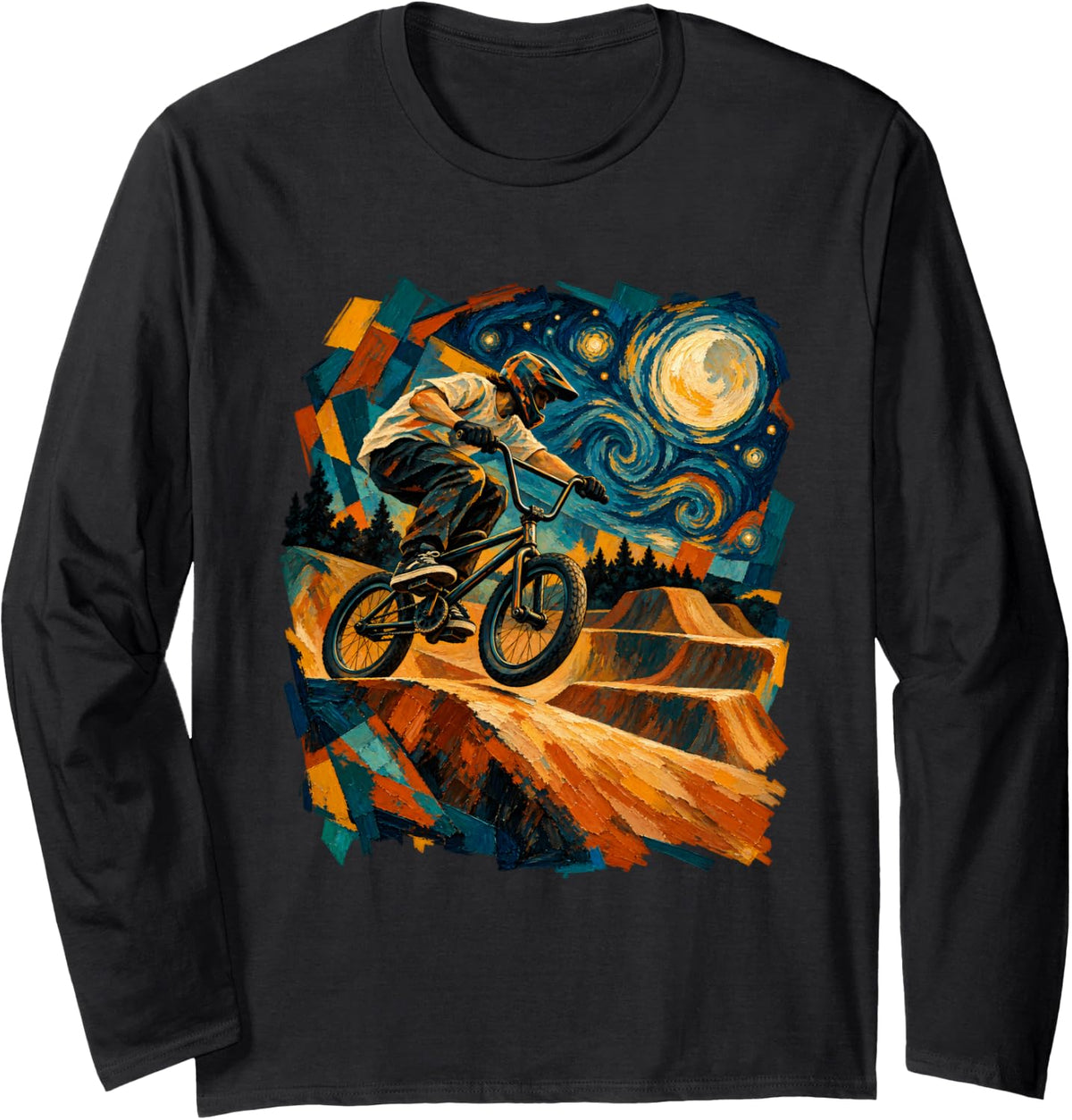 Starry Night BMX Dirt Jump Rider Freestyle Bike Tricks Long Sleeve T-Shirt - Adult Unisex Black
