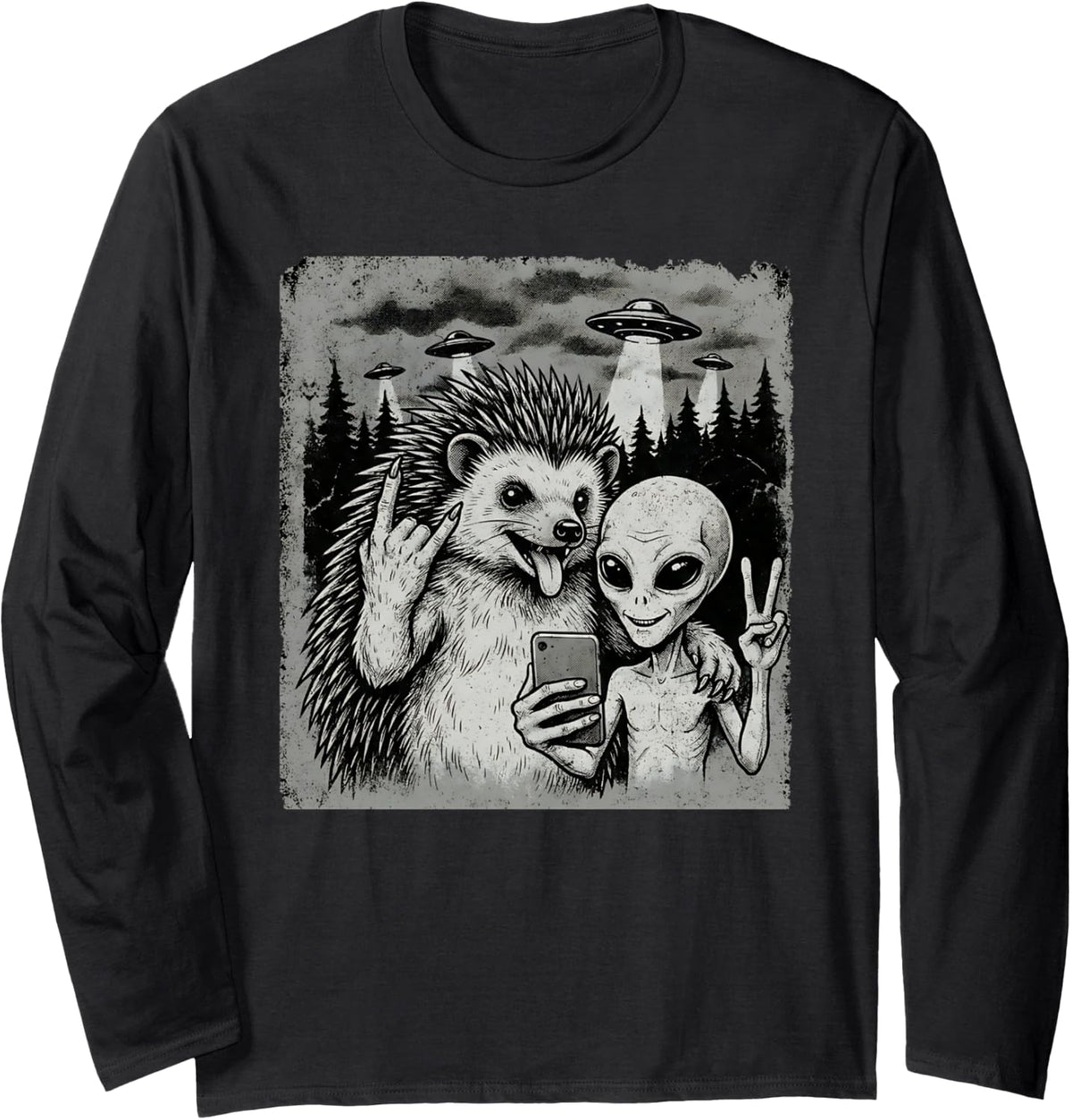 Funny Hedgehog and Alien Rock On Hand Sign UFO Selfie Long Sleeve T-Shirt - Adult Unisex Black