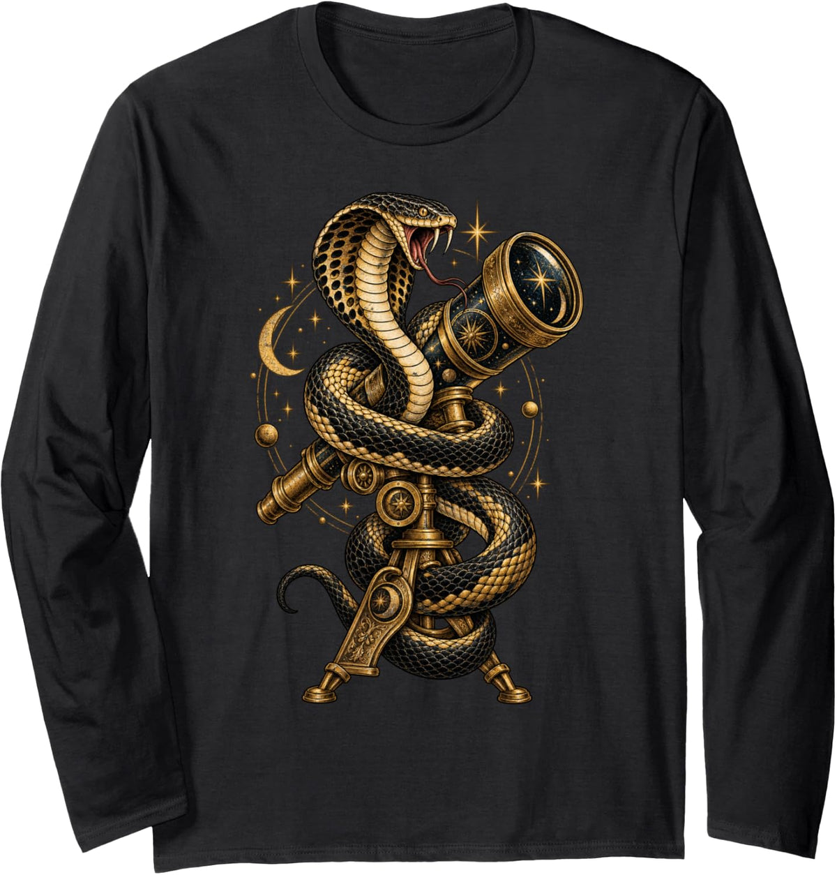 Cobra Snake Telescope Moon Stars Vintage Celestial Art Long Sleeve T-Shirt - Adult Unisex Black