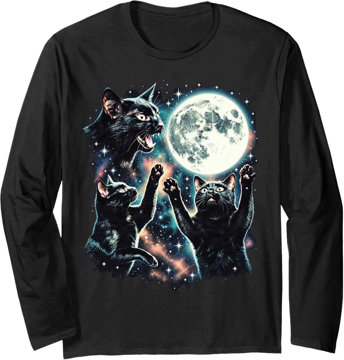 Three Black Cats Howling at Moon Galaxy Parody Long Sleeve T-Shirt - Adult Unisex Black