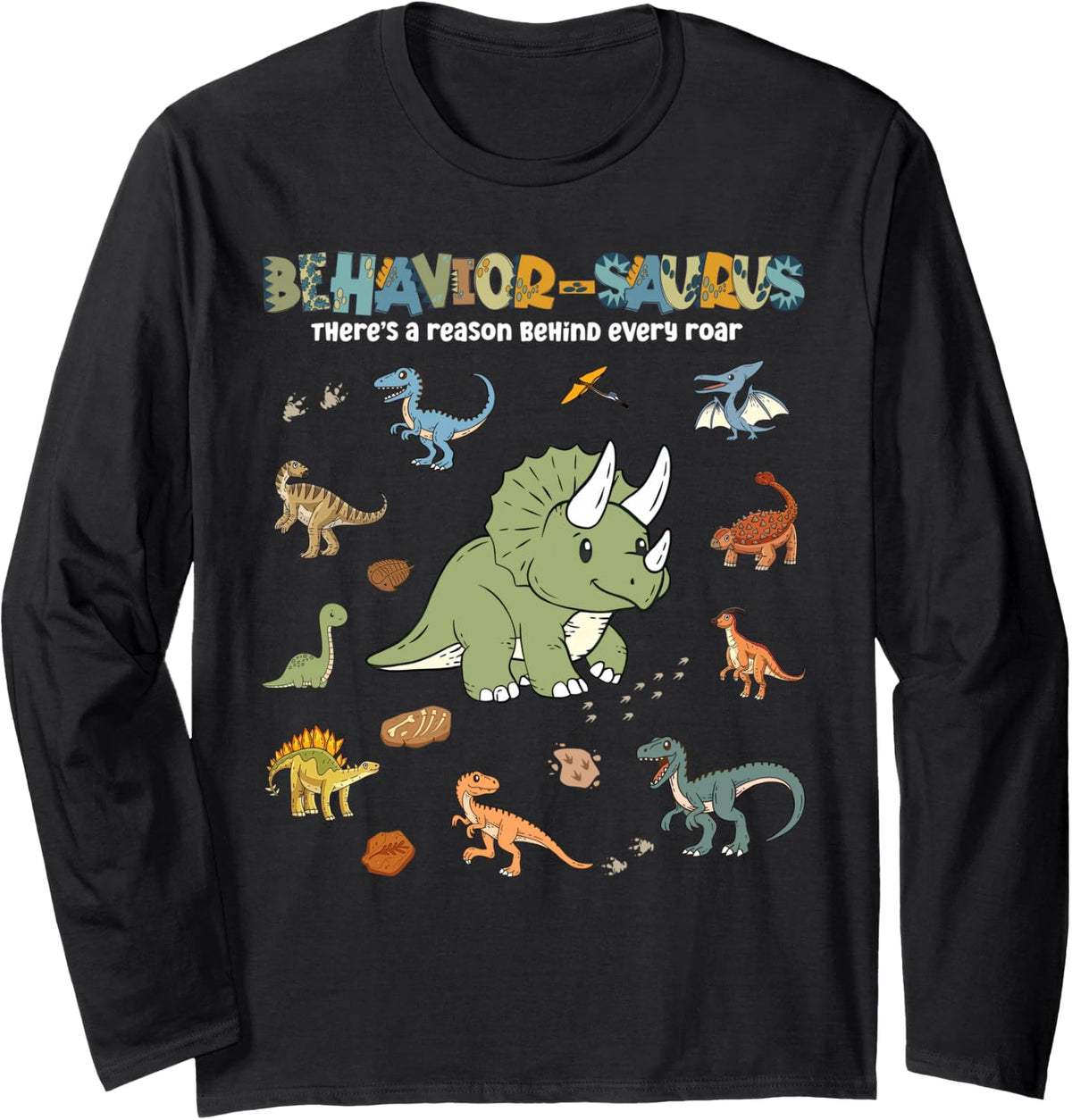 Behavior-Saurus Cute Retro Dinosaur ABA RBT Behavior Analyst Long Sleeve T-Shirt - Adult Unisex Black
