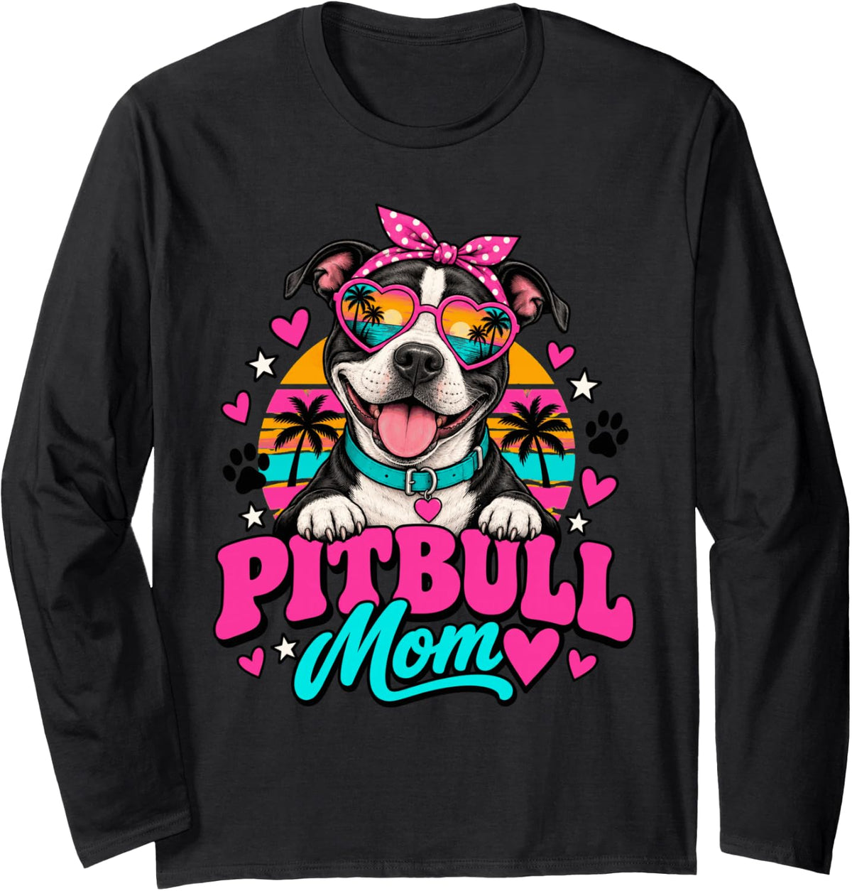 Pitbull Mom Retro Tropical Dog Lover Sunset Palm Scene Long Sleeve T-Shirt - Adult Unisex Black