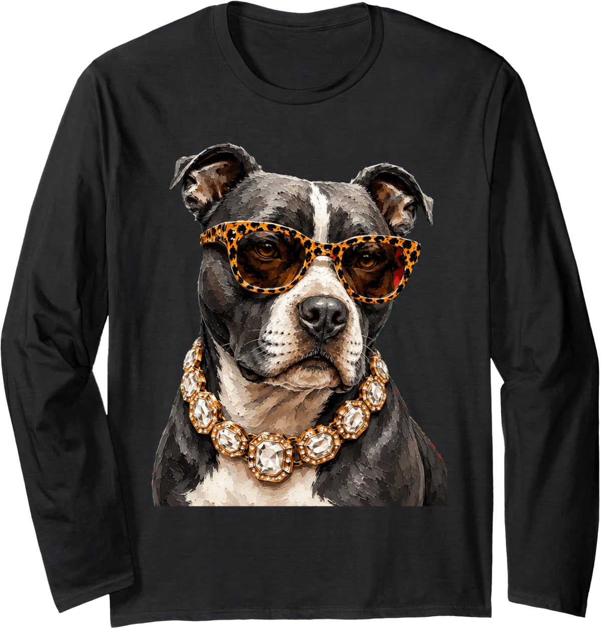Cool Pitbull Roar Leopard Sunglasses Funny Humor Long Sleeve T-Shirt - Adult Unisex Black