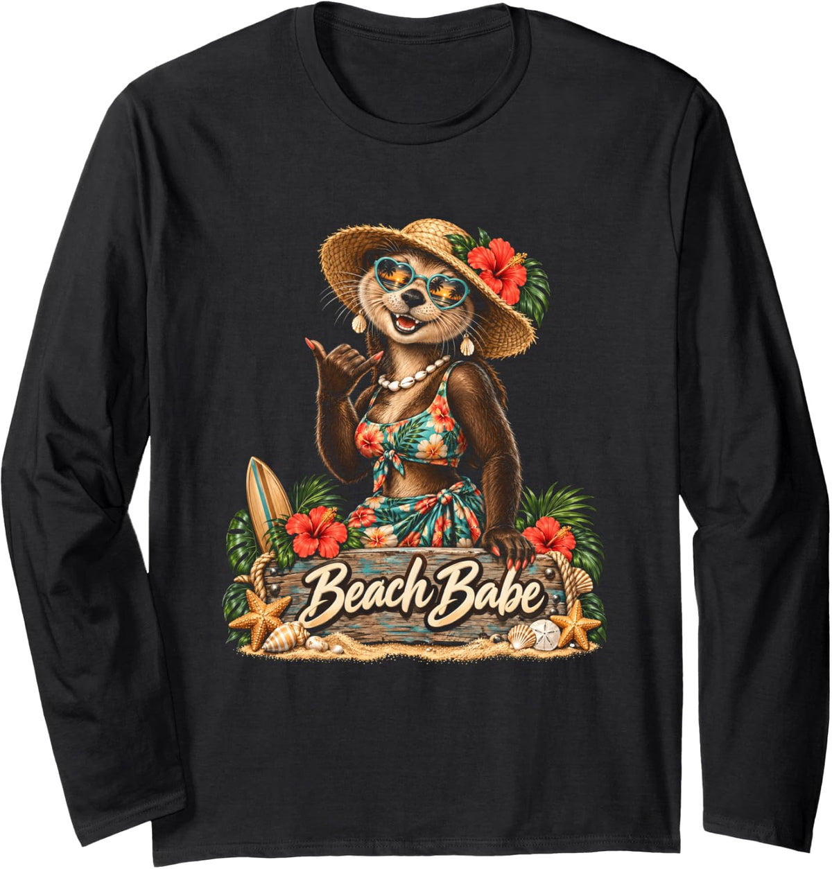 Beach Babe - Sea Otter Long Sleeve T-Shirt - Adult Unisex Black