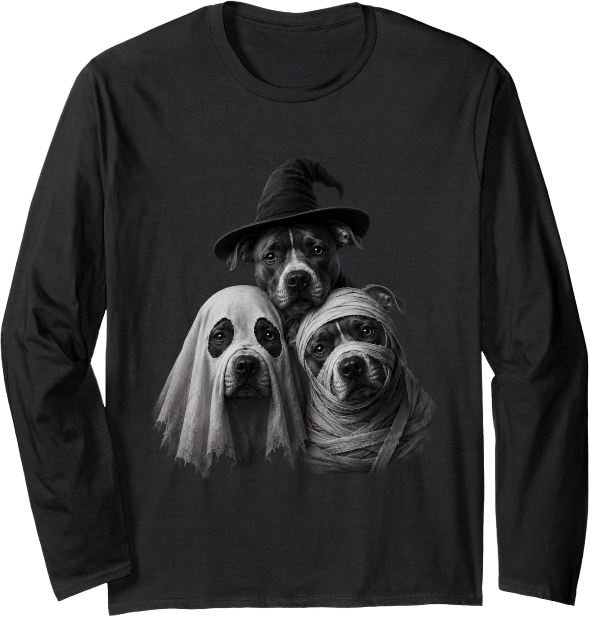Pitbull Witch Ghost Mummy Funny Halloween Costume Dog Lovers Long Sleeve T-Shirt - Adult Unisex Black