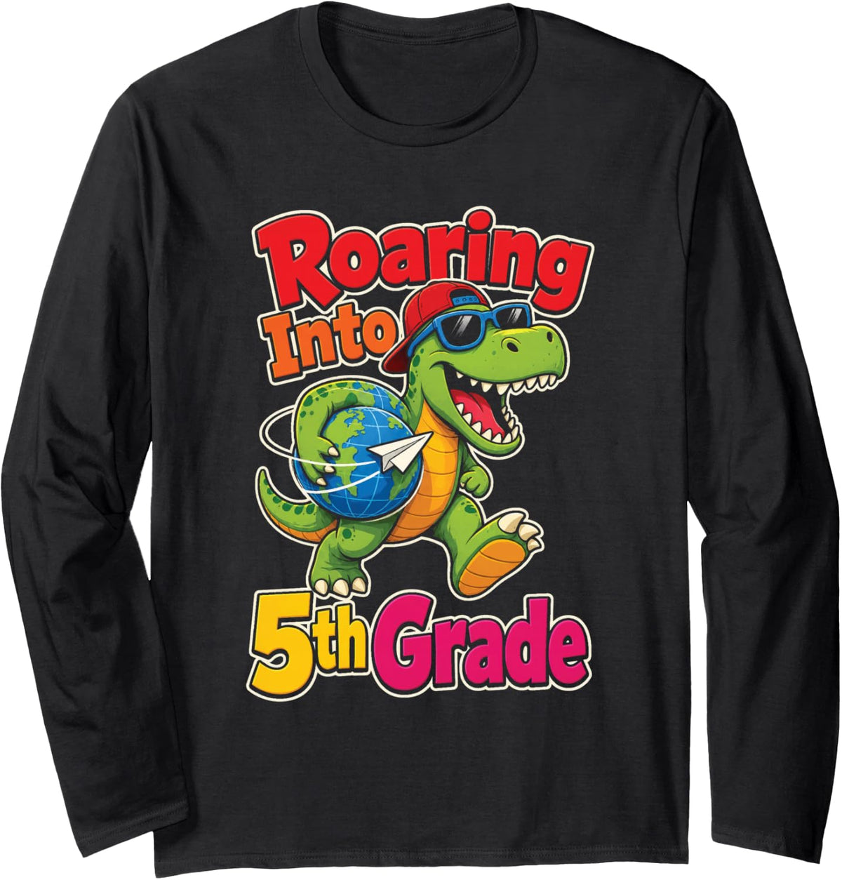 Fifth Grade Dinosaur Roaring Into 5th Grade Long Sleeve T-Shirt - Adult Unisex Black