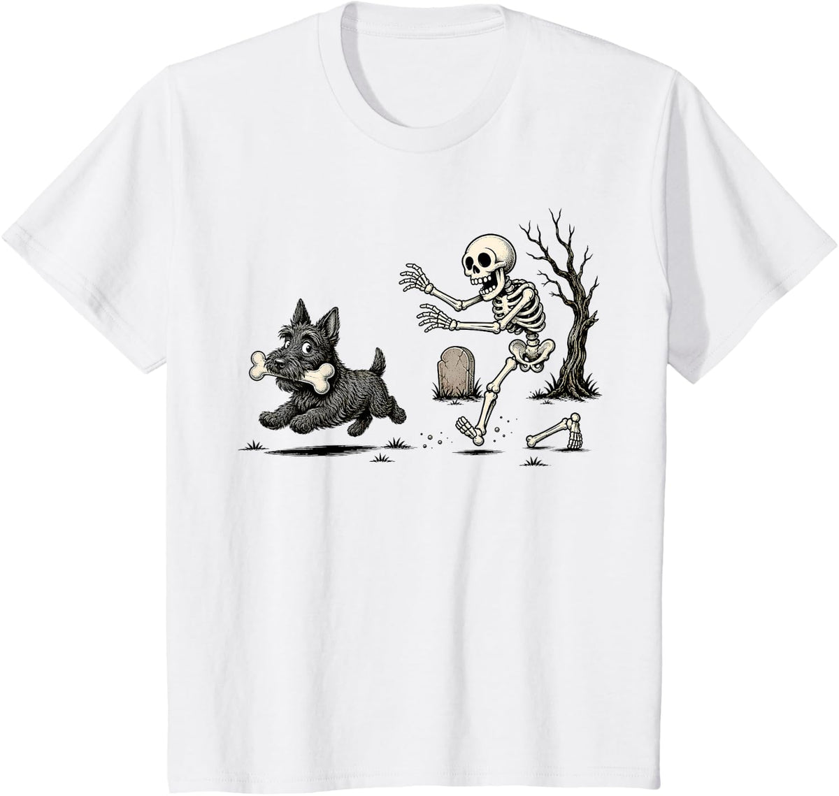 Funny Halloween Scottish Terrier & Skeleton Spooky Season T-Shirt - White