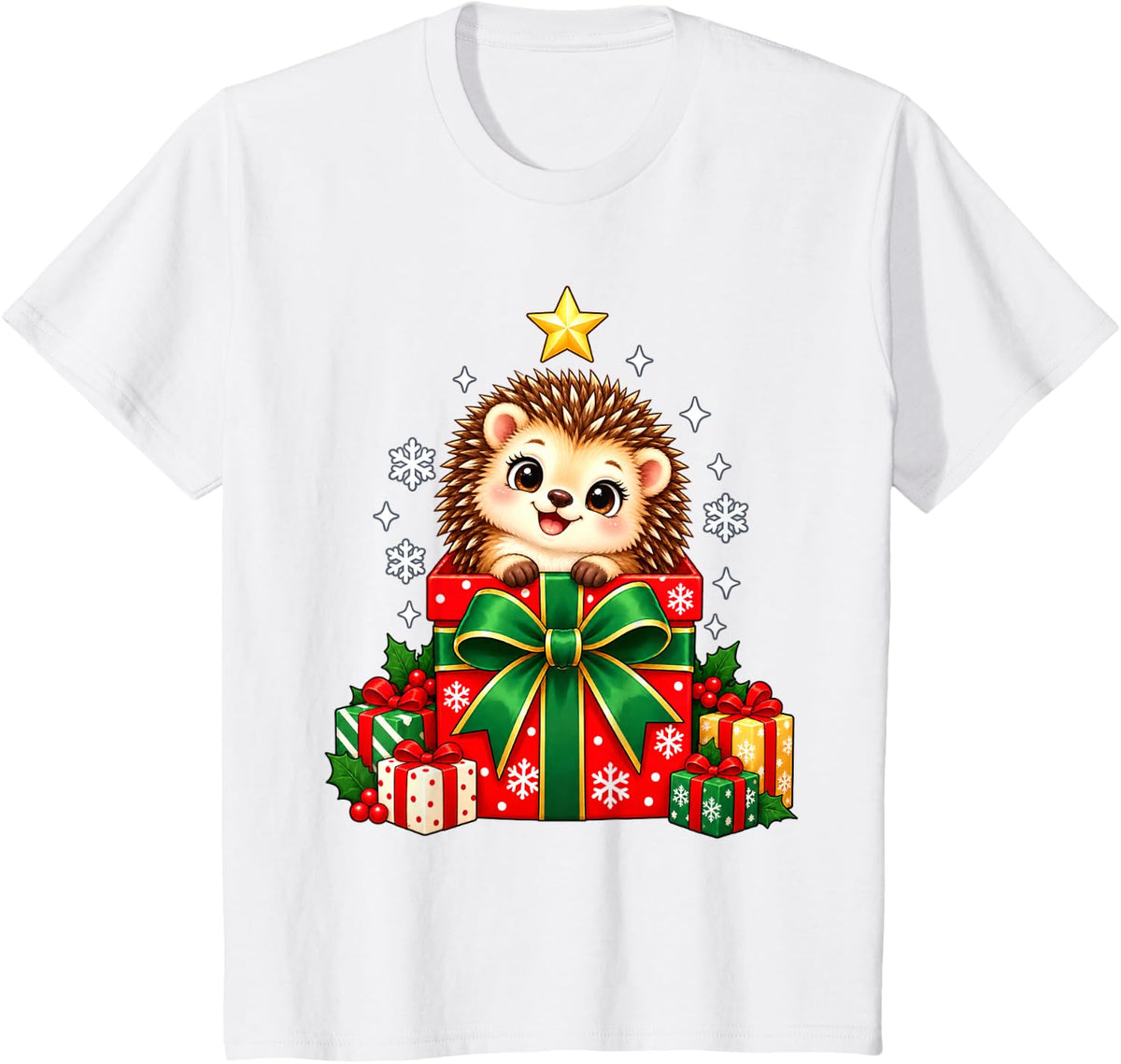 Jolly Hedgehog Christmas Box Holiday Graphic T-Shirt - White