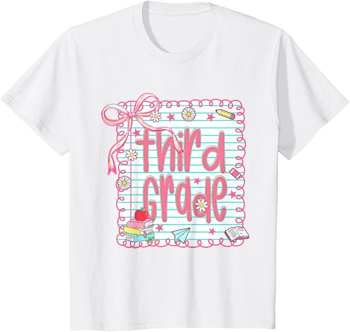 Girls Third Grade Coquette Bow Pink Preppy Back to School Shirt Tee for First Day - White