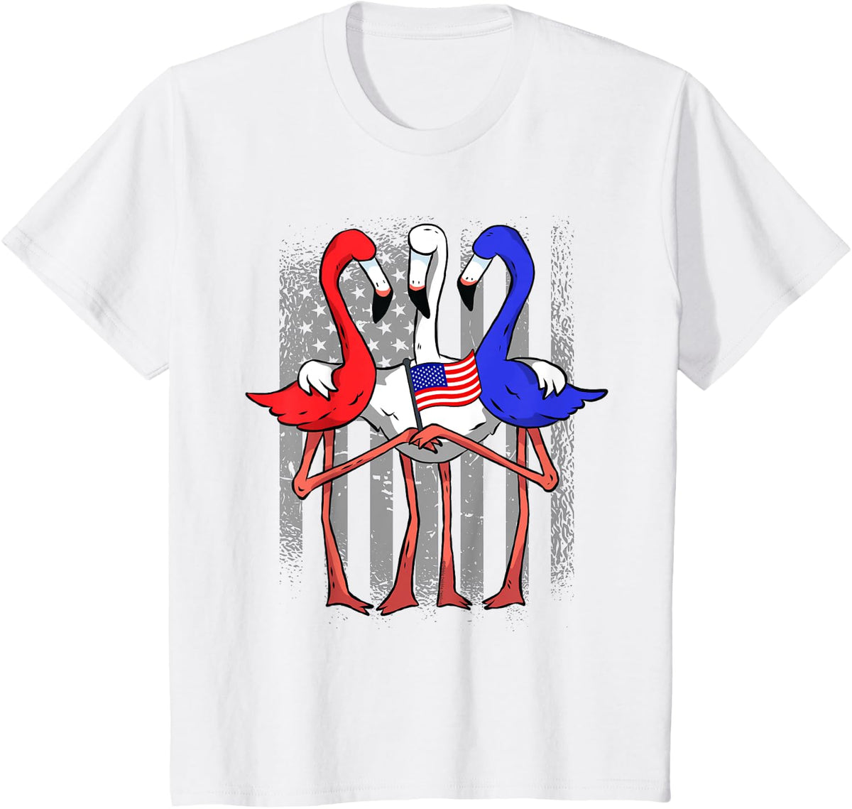 Patriotic Red White and Blue Flamingos USA Flag 4th of July T-Shirt - White