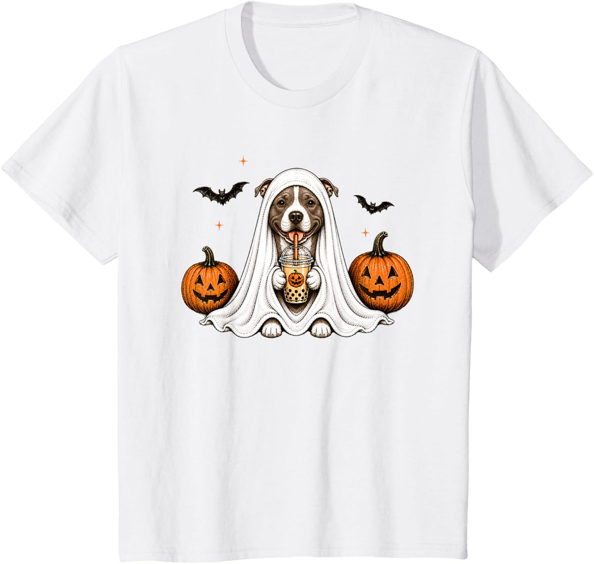 Pitbull Dog Ghost Boba Tea Pumpkin Funny Halloween Costume T-Shirt - White