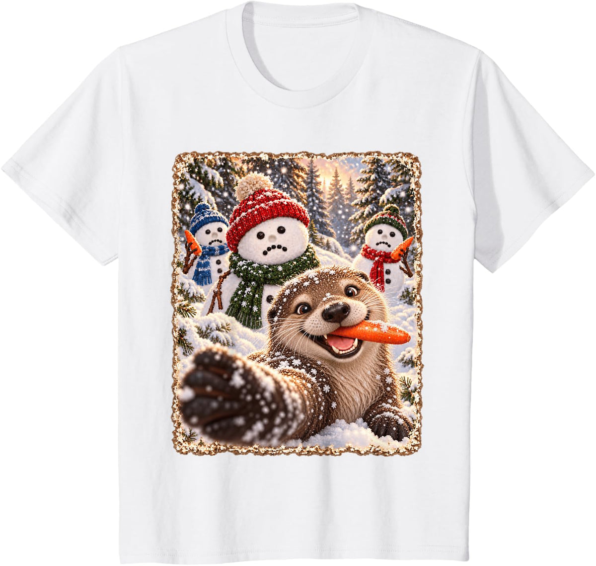 Funny Otter Goofy Christmas Snowman Selfie T-Shirt - White