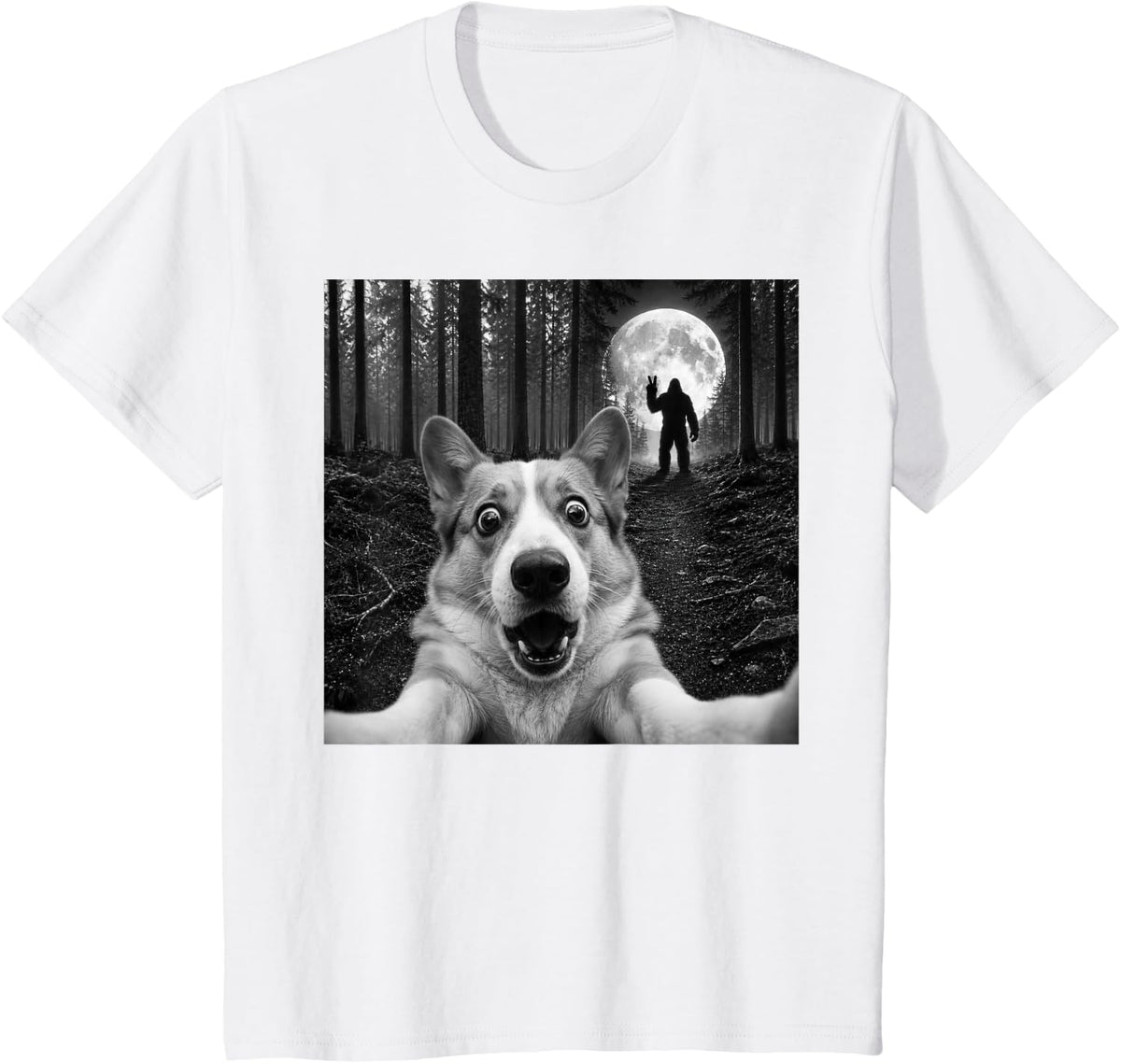 Corgi Selfie with Bigfoot Peace Sign Dog Sasquatch T-Shirt - White