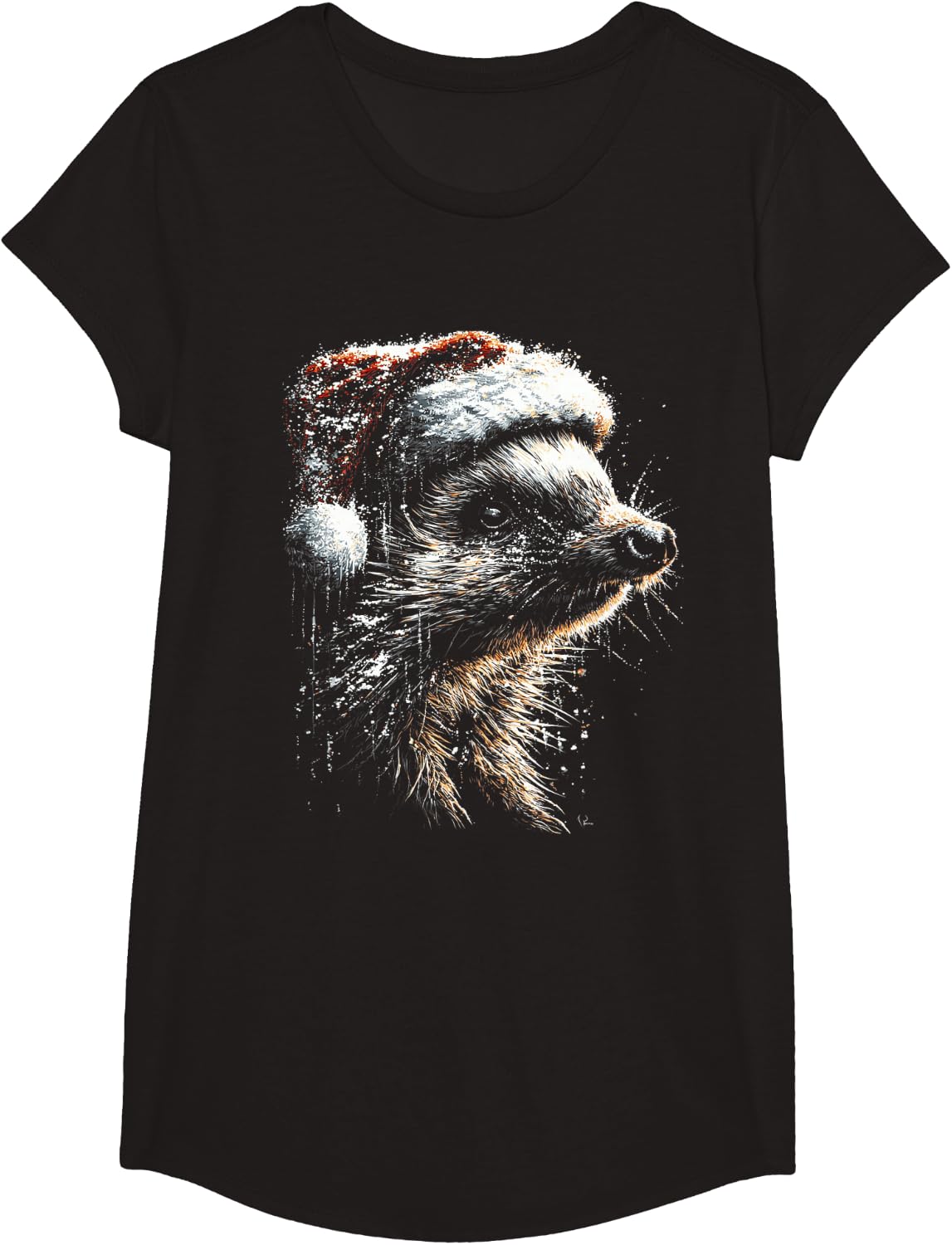 Snowy Christmas Hedgehog with Santa Hat Winter Season Xmas T-Shirt - Girls Black
