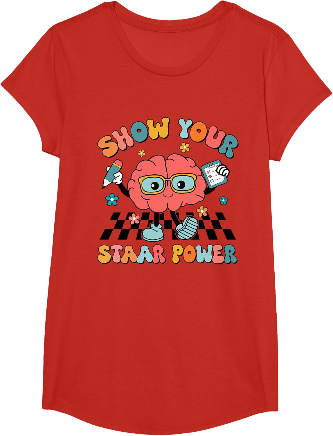 Retro Groovy Show Your STAAR Power Brain Teacher Testing Day T-Shirt - Girls Red