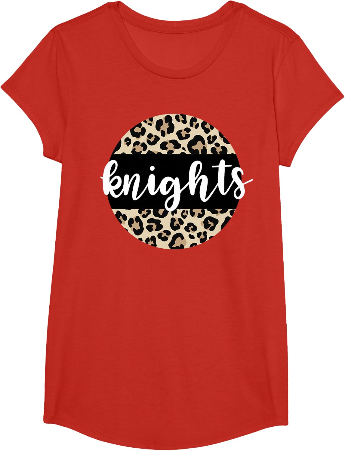 Leopard Print Knights Team Mascot School Spirit Game Night T-Shirt - Girls Red