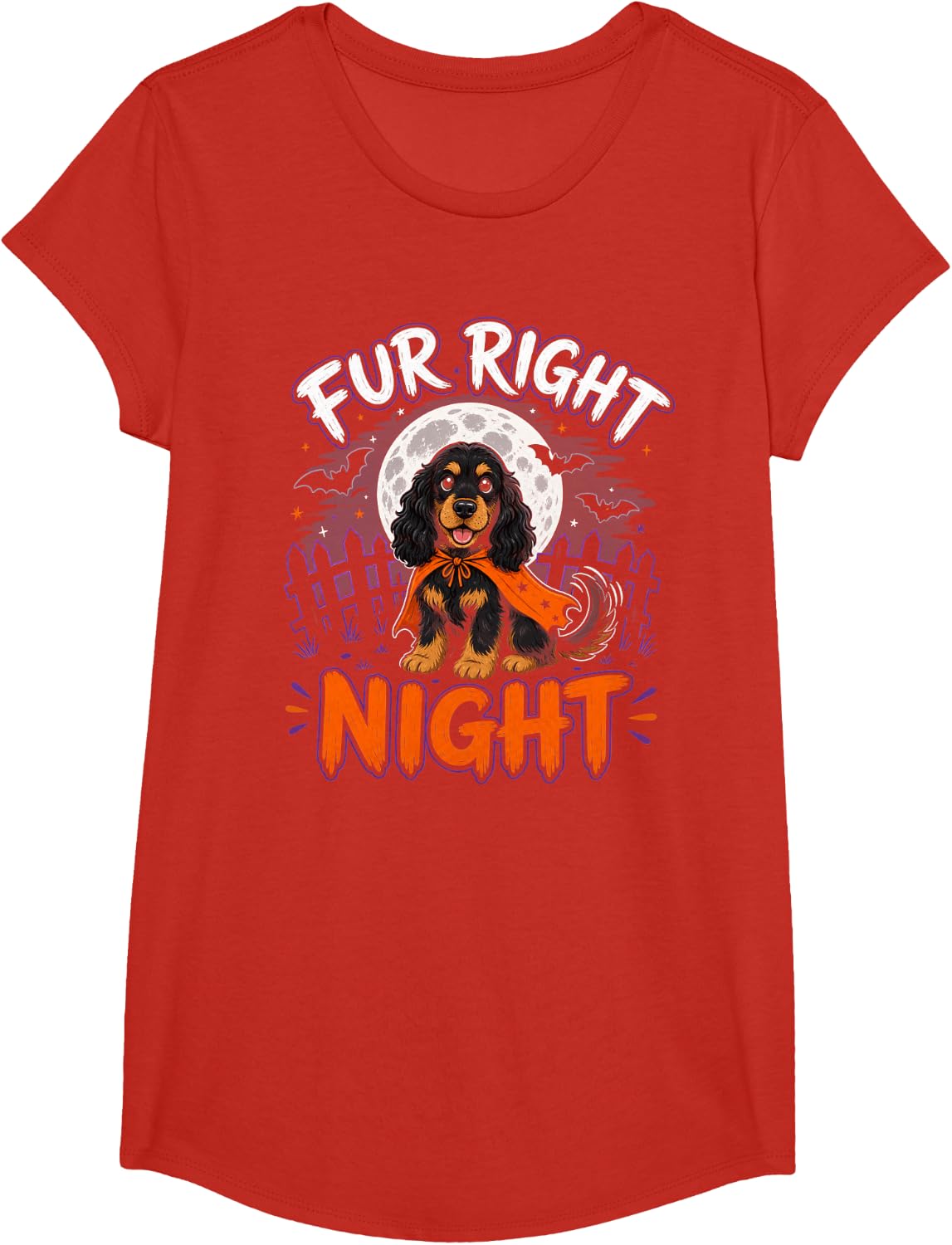 Halloween Cocker Spaniel Moon Cape T-Shirt - Girls Red
