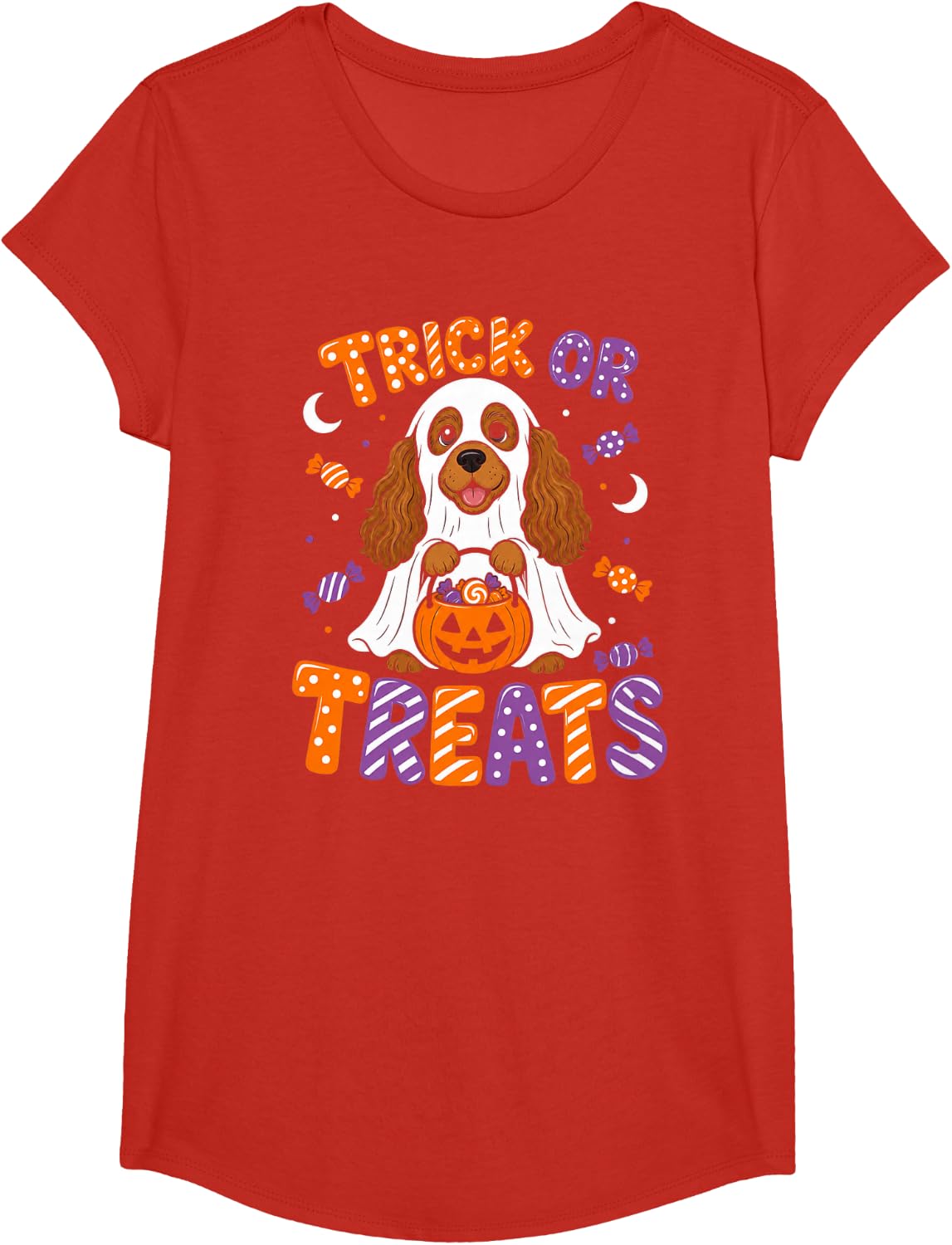 Halloween Cocker Spaniel Ghost Trick or Treats T-Shirt - Girls Red