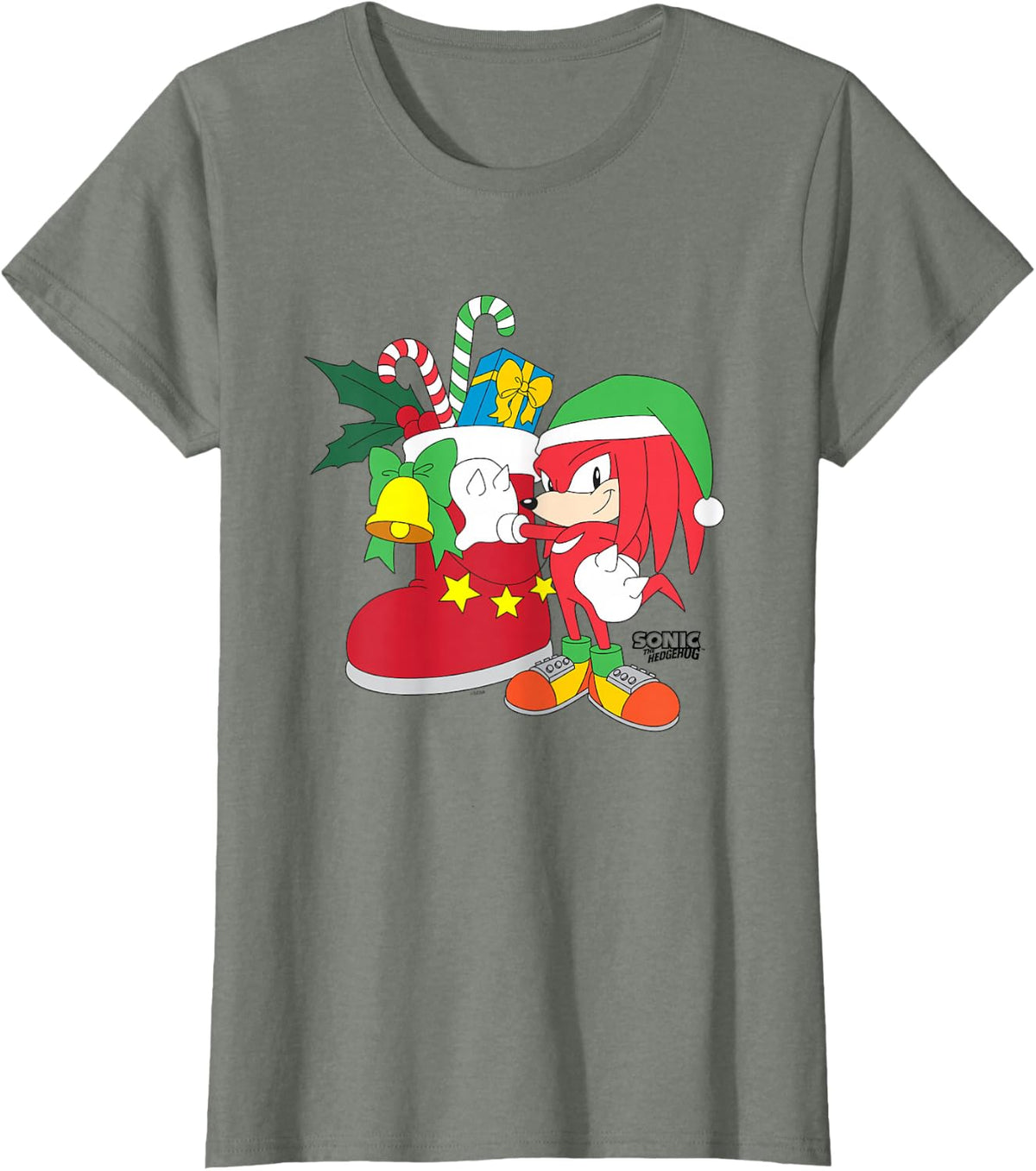 Sonic The Hedgehog Christmas Knuckles The Echidna Presents T-Shirt - Olive Heather