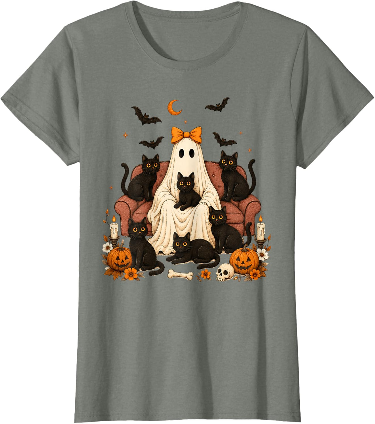 Cute Halloween Cat Mom Ghost Black Cat Women Girls T-Shirt - Olive Heather