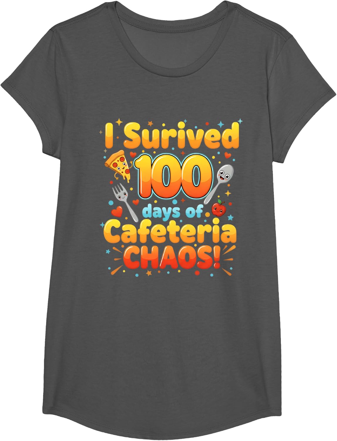 I Survived 100 Days of Cafeteria Chaos Funny Lunch Lady Tees T-Shirt for Teachers and Students - Girls Asphalt Grey