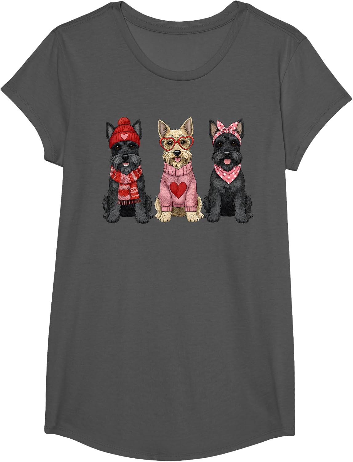 Cute Scottish Terrier Valentine Scottie Dog Tees T-Shirt for Dog Lovers - Girls Asphalt Grey
