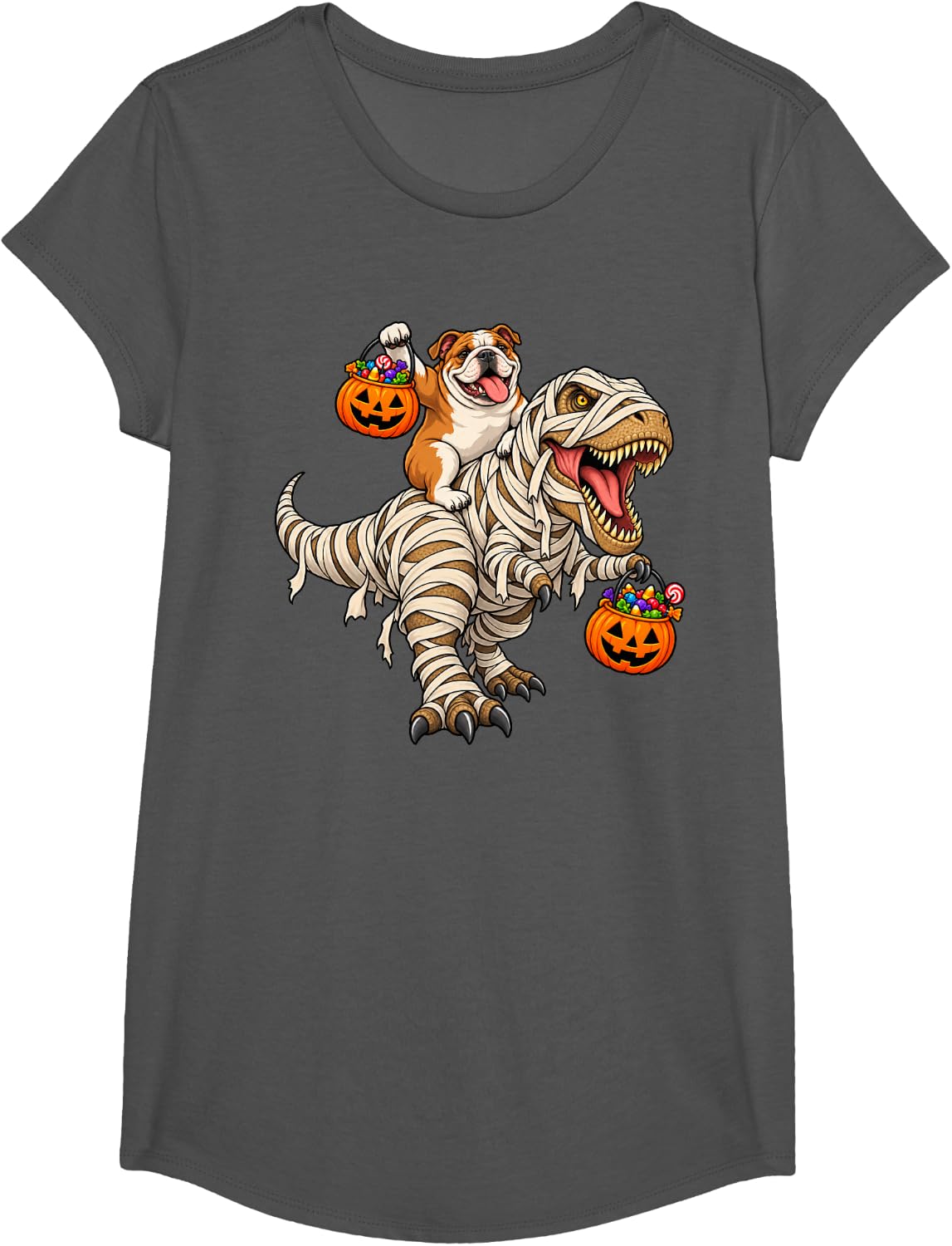 Bulldog Dog Riding Mummy T-Rex Dinosaur Funny Halloween T-Shirt - Girls Asphalt Grey