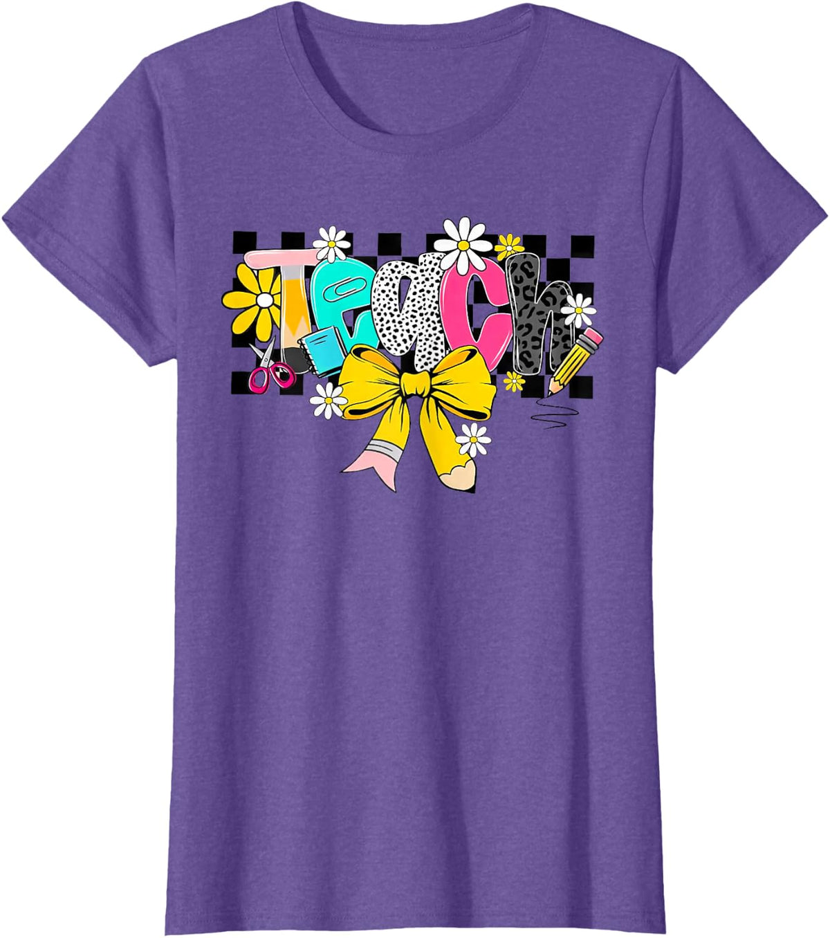 Retro Teach Checkered Back To School Teacher Leopard Womens T-Shirt - Purple Heather