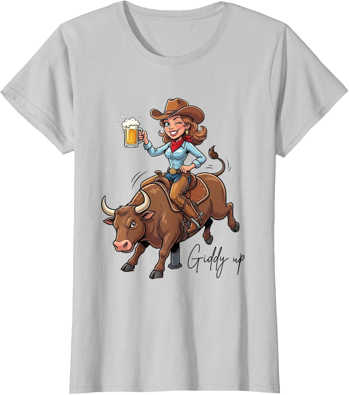 Mechanical Bull Rider Cowgirl Western Rodeo Riding Giddy Up T-Shirt - Silver Grey