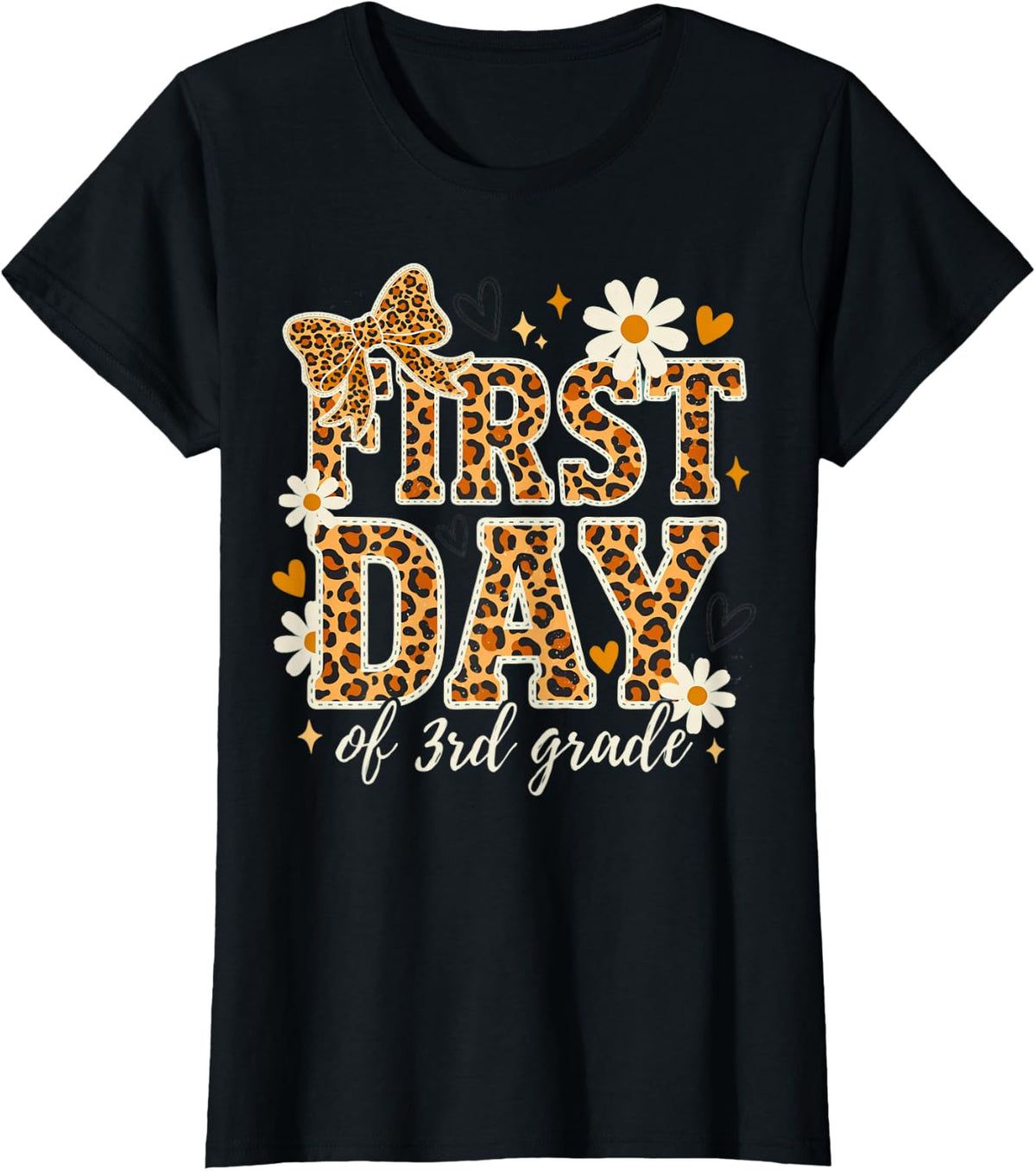 First Day of 3rd Grade Cute Teacher Leopard Bow Apparel T-Shirt - Black